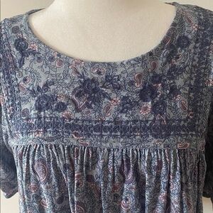 Lucky Brand Blue Paisley Shirt Sleeve Embroidered Top